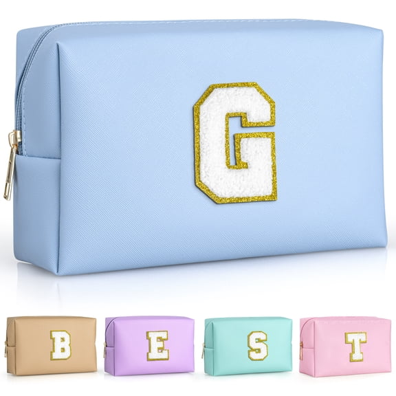YOOLIFE Travel Makeup Bag, Personalized Initial Toiletry Bag w Zipper, Cute Makeup Pouch, PU Leather Waterproof Cosmetic Bag, Birthday Gift for Daughter, Preppy Things for Girls (Sky Blue G)