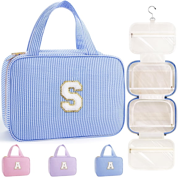 YOOLIFE Travel Toiletry Bag Makeup Bag - Hanging Toiletry Bag for Women, Portable Toiletries Travel Bag and Cosmetic Bag, Airplane Travel Essentials Travel Toiletry Bag - Letter S, Blue