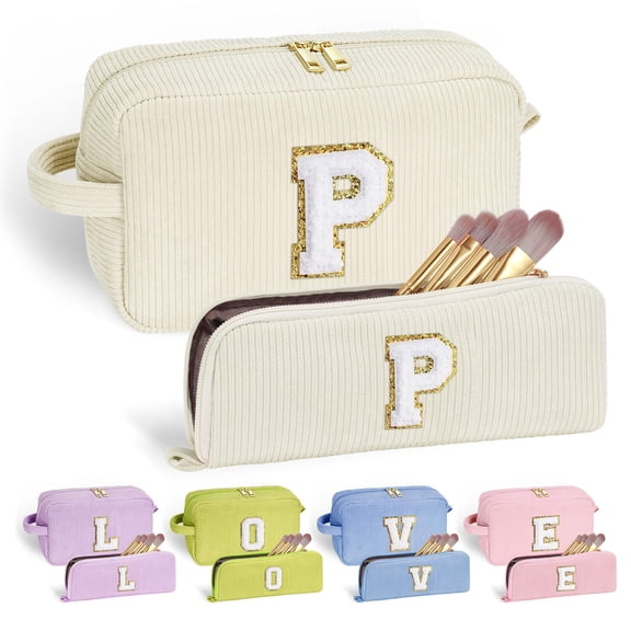 YOOLIFE White Makeup Bag - Travel Makeup Bag | 5 6 7 8 9 10 11 12 13 Year Old Girl Birthday Gift for Girlfriend Daughter Mom Teacher Gifts for Women White Letter P