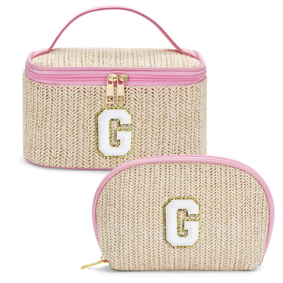 YOOLIFE Woven Makeup Bag Gifts for Women Initial Travel Pouch Checkered Make Up Bag Cosmetic Bag Personalized Birthday Summer Vacation Gifts for Women Her Friends