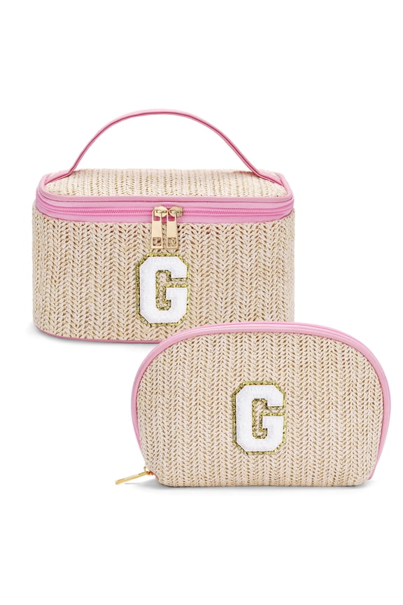 Woven Makeup Bag Gifts for Women Initial Travel Pouch Checkered Make Up Bag Cosmetic Bag Personalized Birthday Summer Vacation Gifts for Women Her Friends