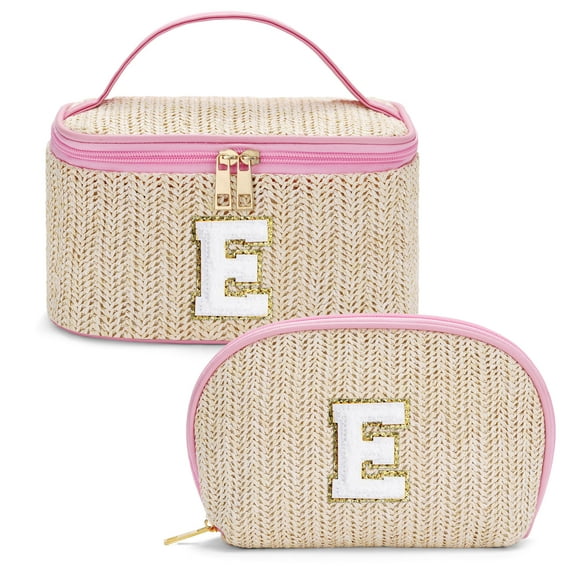 YOOLIFE Woven Makeup Bag Gifts for Women Initial Travel Pouch Checkered Make Up Bag Cosmetic Bag Personalized Birthday Summer Vacation Gifts for Women Her Friends