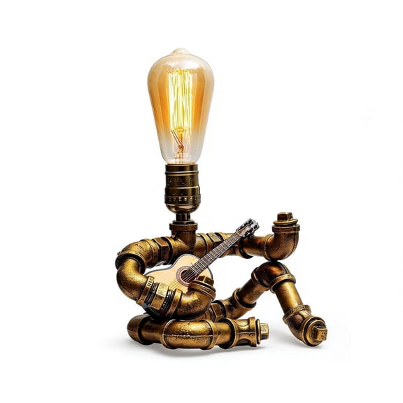 YOOLYER Music Guitar Table Lamp,Steampunk Guitar Robot Table Lamp,Retro Guitars Steampunk lamp,Cool Industrial Metal Tube Robot Lamp Gifts for Music Lovers. (Bronze D) Y101