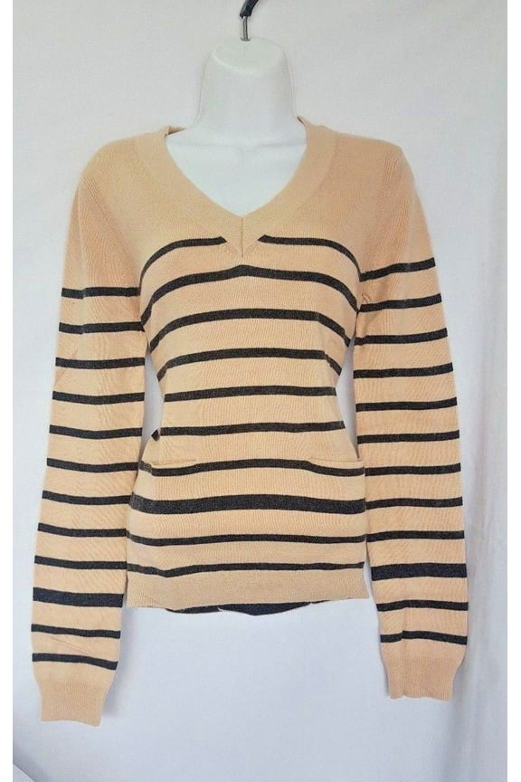 V-Neck Womens Pullover Sweater Beige & Black Stripe XS Small Medium Large