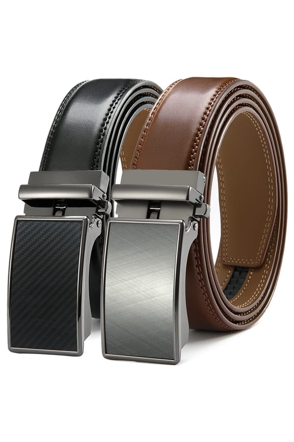 Men's Belt, 2 Pack Ratchet Belts, Adjustable 13/8" Genuine Leather Belt, Size Length Can be Cut, With Gift Box