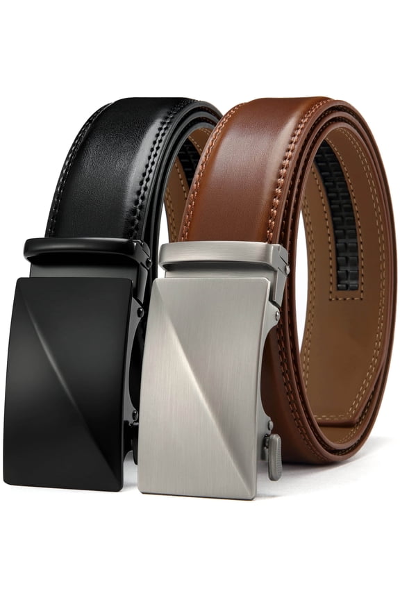 Men's Belt, 2 Ratchet Belts, Adjustable 13/8" Genuine Leather Belt, Size Length Can be Cut, With Gift Box