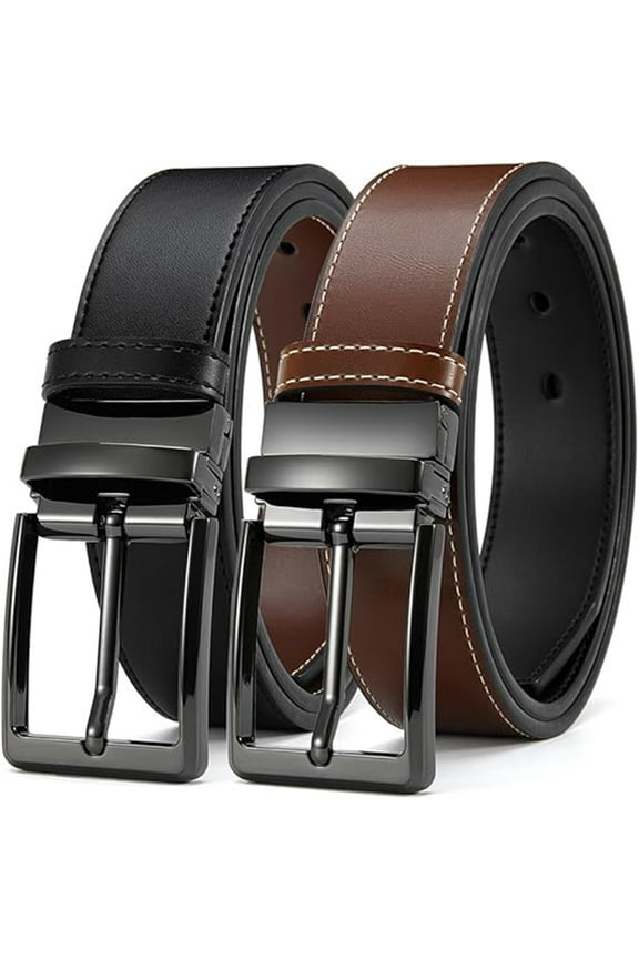 Men's Belt Reversible Leather 1.25", Two-In-One Classic Dress Black Belt, Adjustable