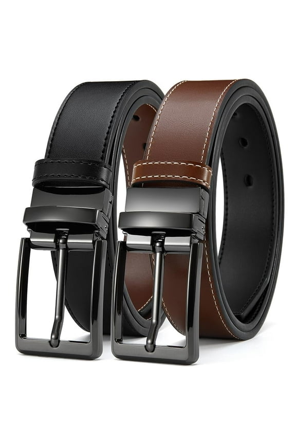 Men's Belt Reversible Leather 1.25", Two-In-One Classic Dress Black Belt, Adjustable