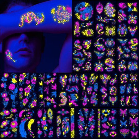 YOOSMATIC 20 Pcs Mixed Style Glowing Temporary Fake Tattoos for Face Neck Arm Rose Scorpion Butterfly