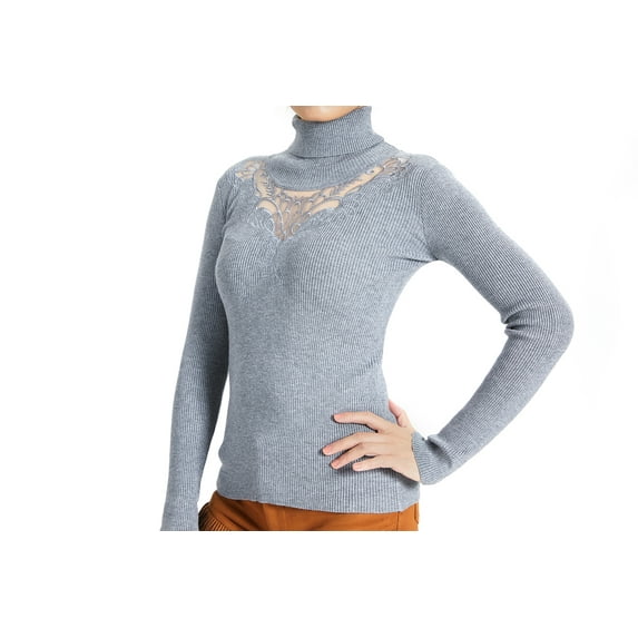 YOOSMATIC Women Turtleneck Slim Lace Mesh Leisure Sweater Pullover Female Gray L