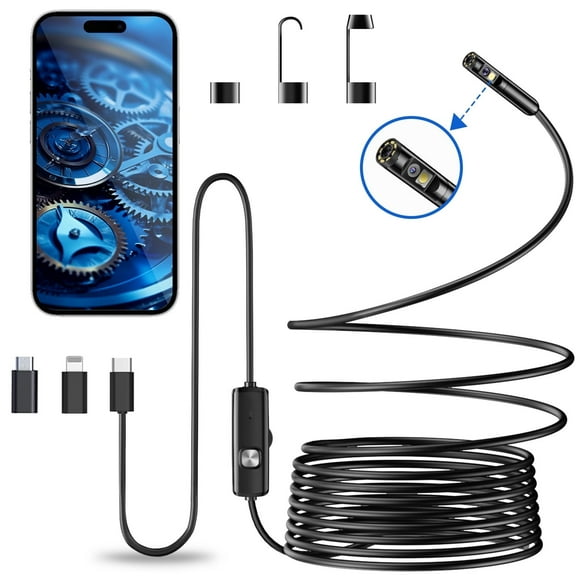 YOOVEE 1920P HD Dual-Lens Borescope Endoscope Camera with 8 LED Light, IP68 Waterproof, Semi-Rigid Cable - iOS/Android Compatible