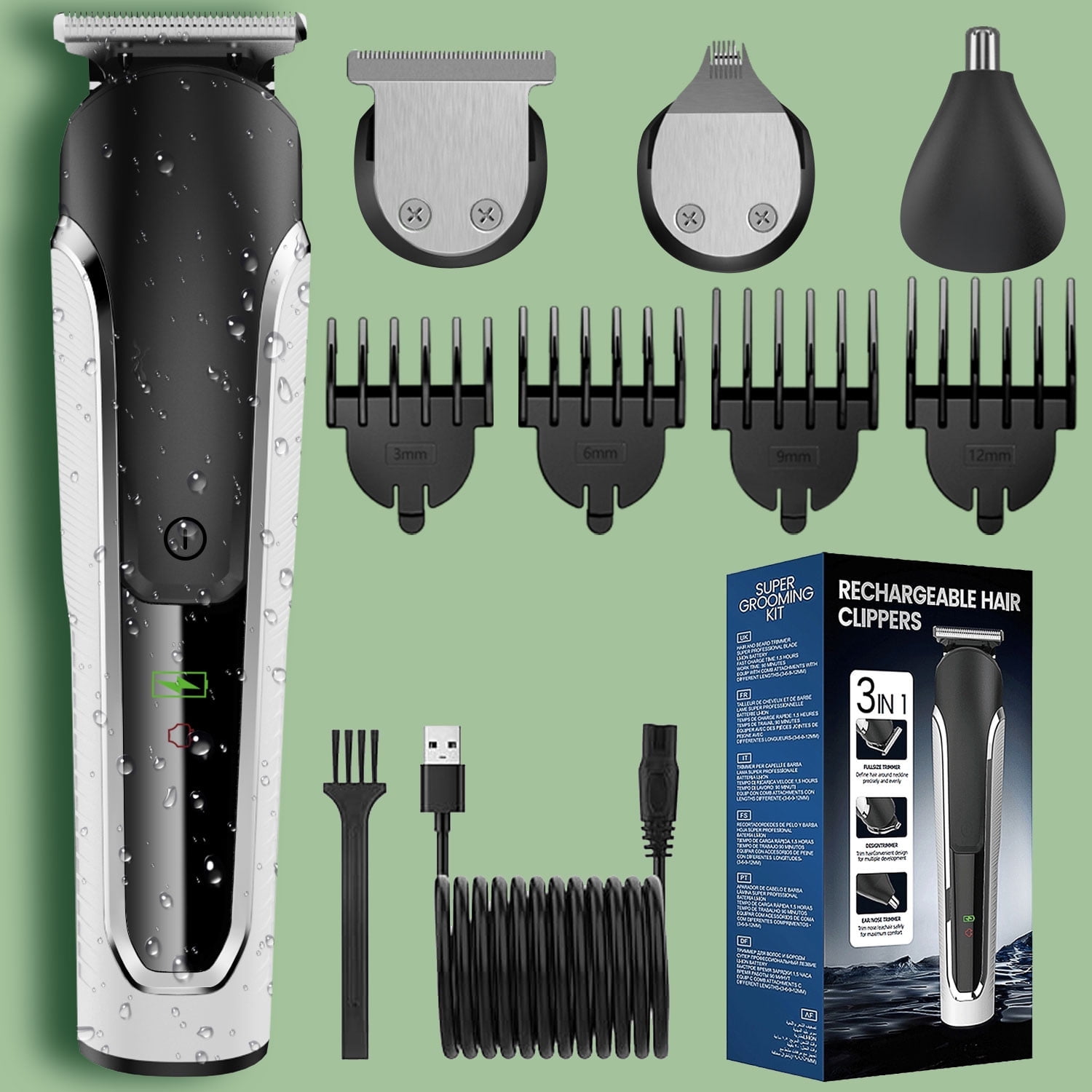 YOOVEE Men's All-in-One Grooming Kit, Beard Trimmer, Hair Clippers, Nose & Ear Razor, Detail Trimmer, IPX6 Waterproof Cordless Clipper with 4 Limit Combs