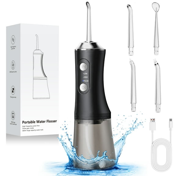 YOOVEE Cordless Water Flosser & Oral Irrigator, 300ml, 3 Modes, 4 Nozzles, IPX7 Waterproof for Travel/Home Black