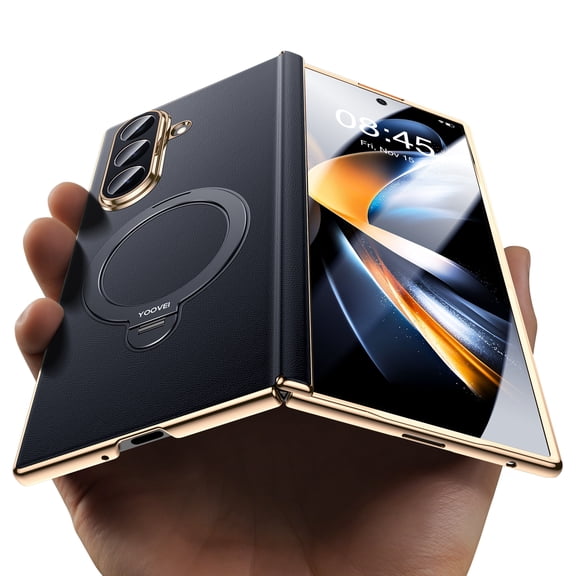 YOOVEI Magnetic for Samsung Galaxy Z Fold 7 Case Luxury Leather [Hinge Protection] Built-in [Screen Protector] [Fit for MagSafe] with Kickstand Black
