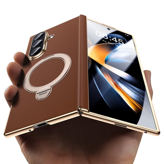 YOOVEI Magnetic for Samsung Galaxy Z Fold 7 Case Luxury Leather [Hinge Protection] Built-in [Screen Protector] [Fit for MagSafe] with Kickstand Brown