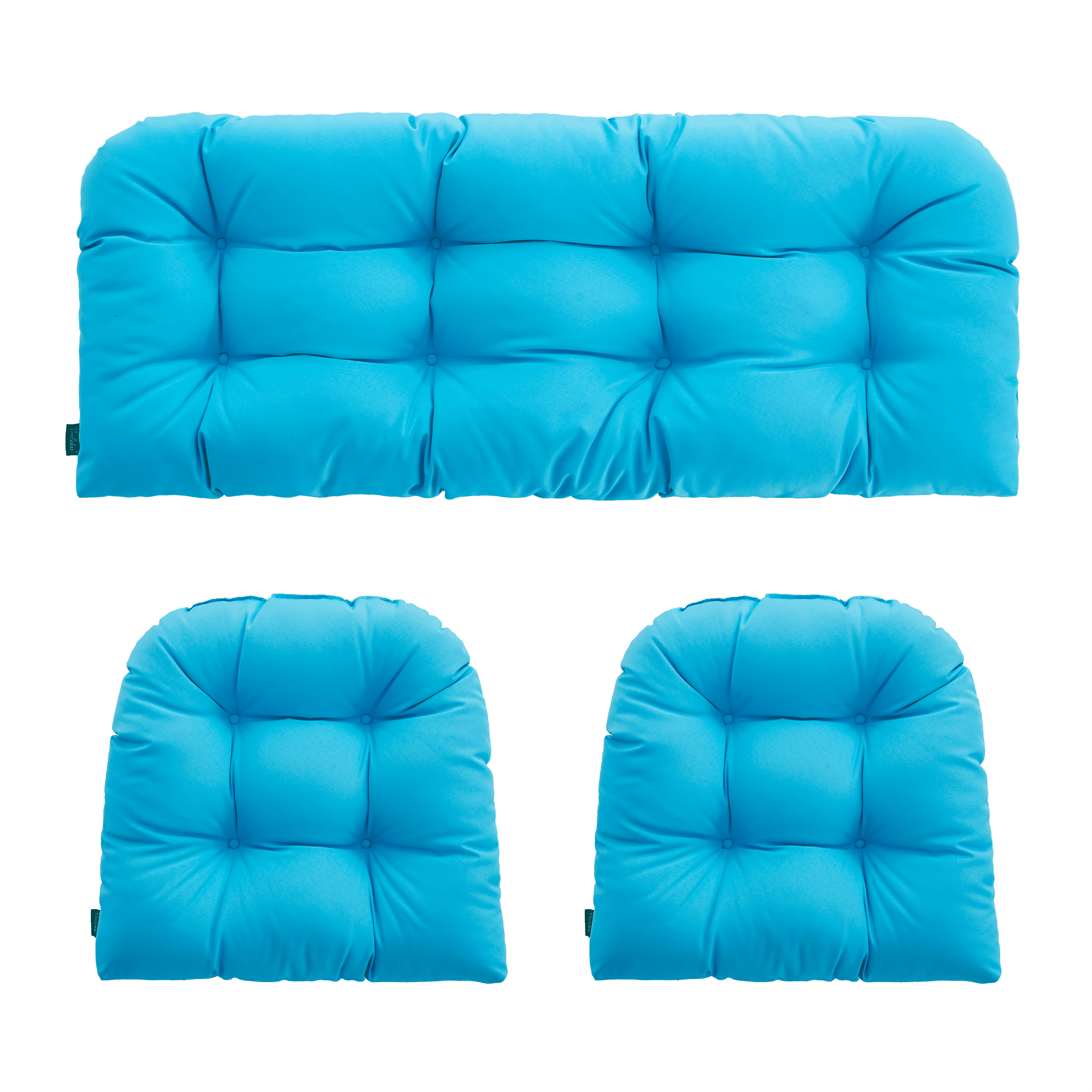YOOZEKU Outdoor Tufted Wicker Chair Cushions of 3 Pieces, 1 Loveseat and 2 U-Shape All Weather Waterproof Patio Seat Cushions for Wicker Furniture,Bench, Aqua Blue