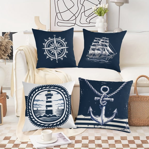 YOPINCO 4Pack Ocean-themed blue linen pillowcase with compass, ship's anchor, and sailing ship patterns, suitable for coastal sailing beach decoration cushion covers for sofas.