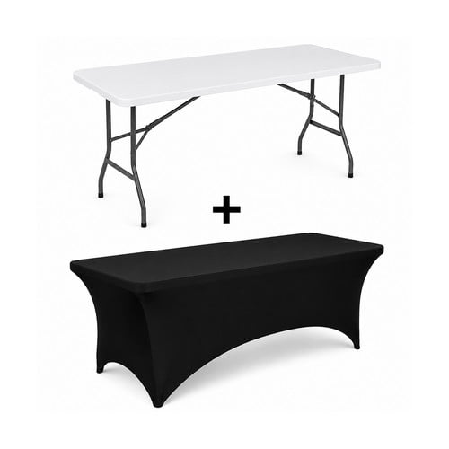 YOPINCO 6FT Fold-in-Half White Folding Table Combo with Black Fitted Tablecloth, 300 LBS Lockable Portable Utility Table with Carry Handle for Indoor & Outdoor Events