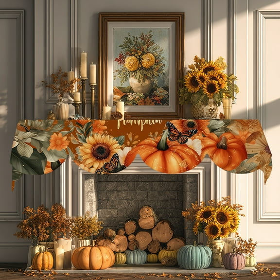 YOPINCO Fall Pumpkin Fireplace Throw, featuring orange pumpkins, daisies, and butterflies. Ideal for Halloween/Thanksgiving decor as a fireplace throw, mantel top throw, or table runner 79" x 20"