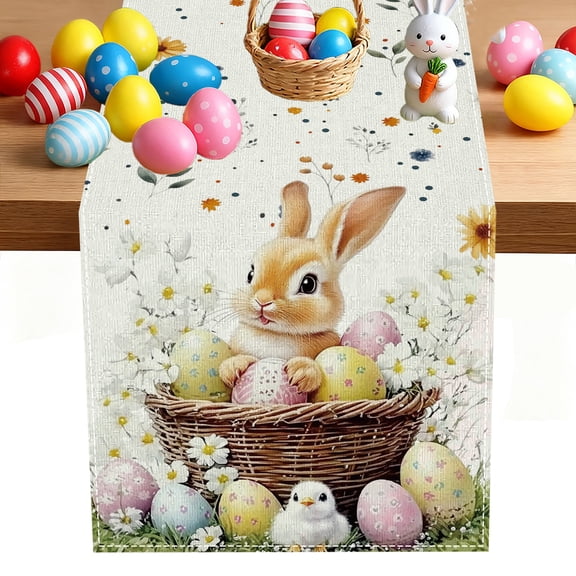 YOPINCO Happy Easter Table Runner Bunny Rabbit Easter Eggs Flower Tablecloth Easter Spring Summer Party Decorations and Supplies for Home Kitchen Table-13×72''
