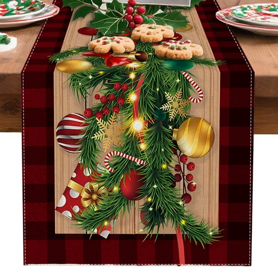 Snowflake Table View YOPINCO Linen Red and Black Buffalo Check Christmas Table Runner ...