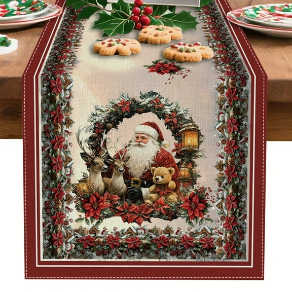 YOPINCO Merry Christmas tablecloth with patterns of Santa Claus, reindeer, teddy bears, and festive greenery Christmas tree tablecloth for family dining room party decorations 13" x 35"