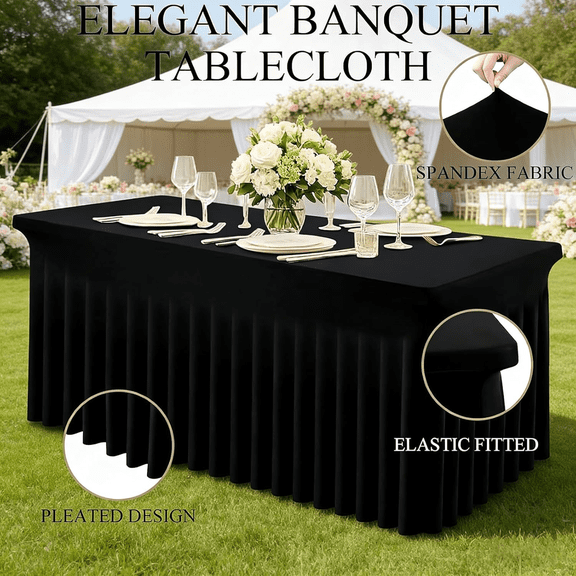 YOPINCO Table Skirts for Rectangle Tables 6ft - One-Piece Tablecloths and Skirt, Wrinkle Resistant Ruffles Elastic Cover for Banquets, Weddings, Events, Parties Black