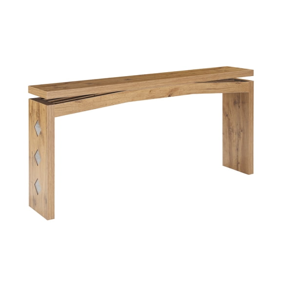 YOQIANG Brown Console Table Minimalist Slim Entryway Sofa Table with Curved Floating Crossbeam & Geometric Inlay Space Saving Narrow Hallway Decor Table for Living Room Bedroom