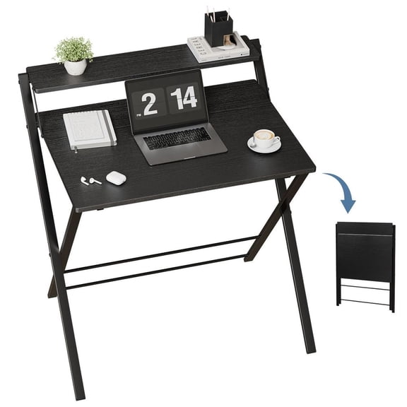 YOQIANG No-Assembly Small Folding Desk with Upper Storage Shelf X-Shaped Metal Frame Portable Writing Table for Dorms & Compact Apartments