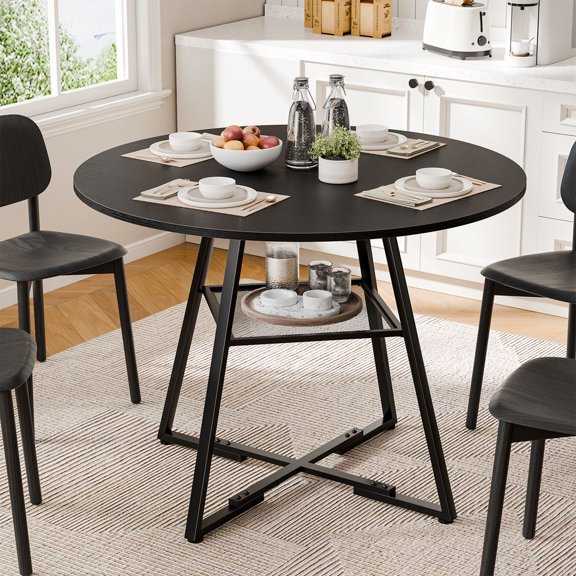YOQIANG Round Dining Table for 4-6 People Double Layer Storage Kitchen Table with Heavy Duty Metal Base Frame Space Saving Multi-Scene Household Dinner Table with Adjustable Anti-Slip Foot Pads