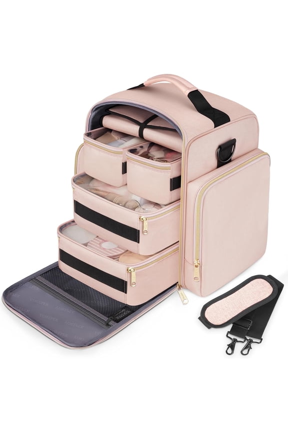 Large Travel Makeup Bag Organizer with 4 Removable Cases & 1 Jewelry Organizer Roll, Multiple Storage Pockets Cosmetic Bag Holds Toiletries/Skin Care/Hair Supplies/Brush, Gift for Women