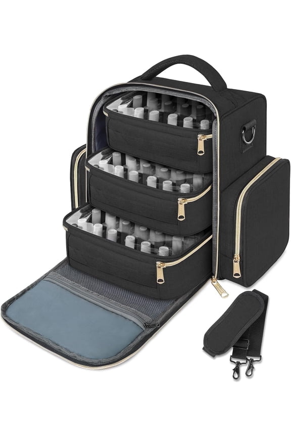Large Travel Makeup Bag Cosmetic Store Organizer Bag with 3 Detachable Foam Slot for Nail Polish, Black