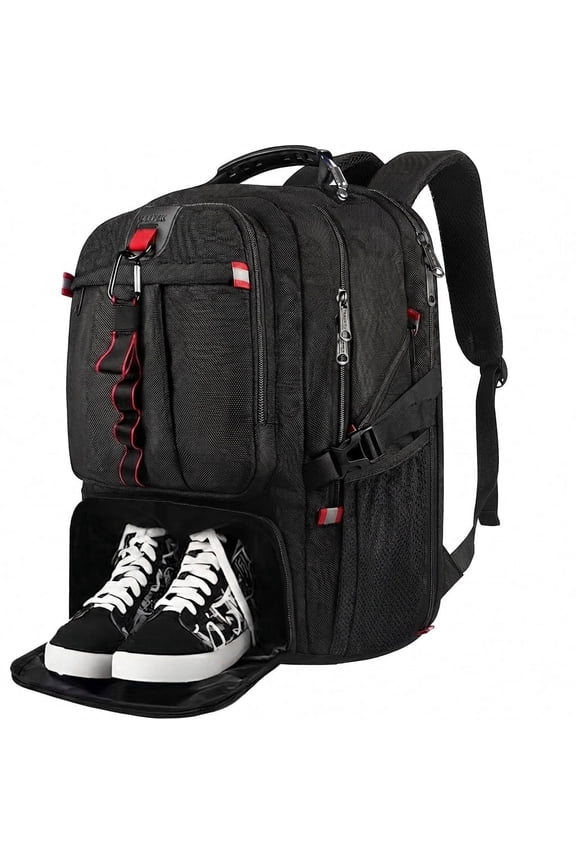 Travel Backpack, 50L Laptop Backpack with Shoe Compartment for Men and Women, Fits 17 inch Notebook, Black