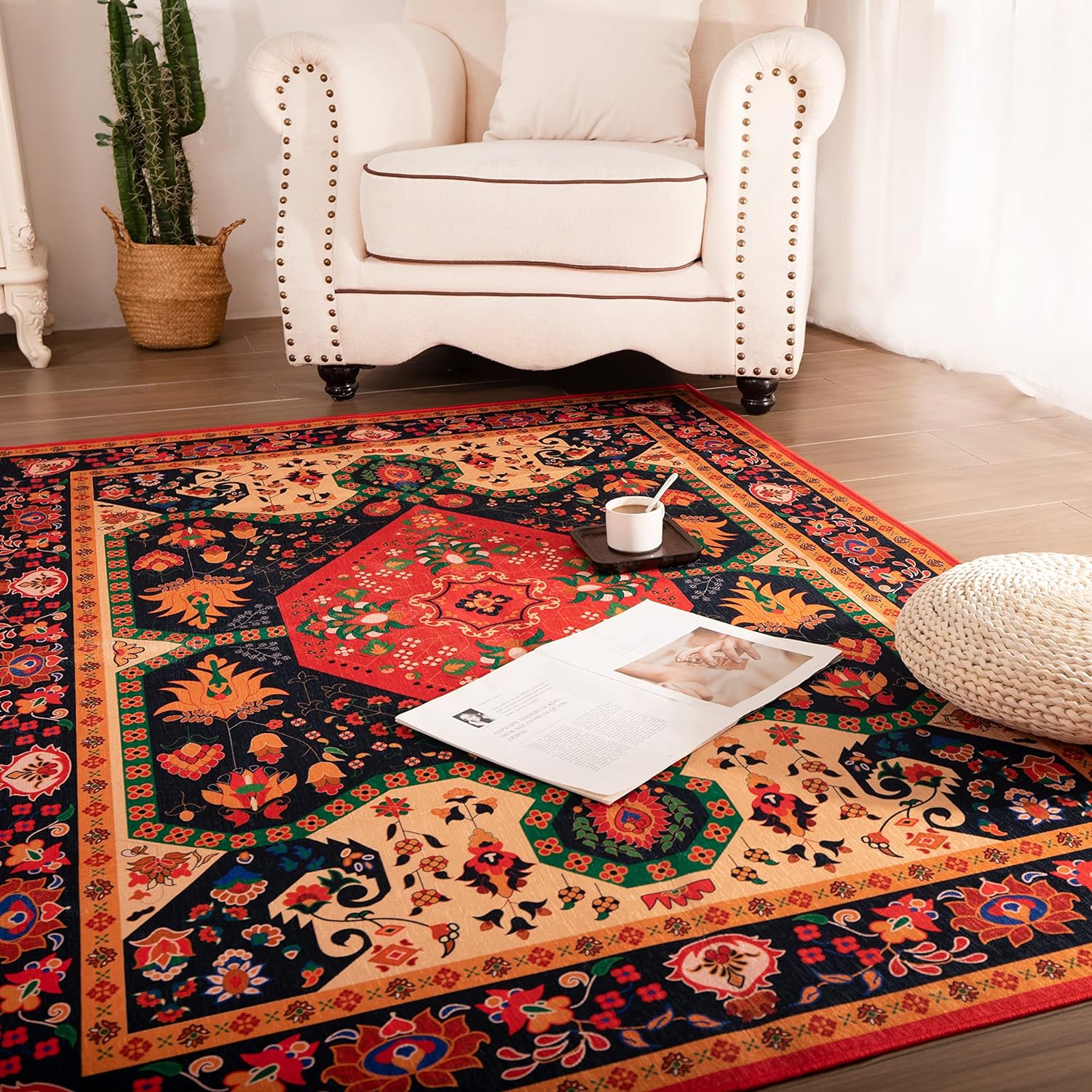YORI Boho Area Rugs 9×12 Ft Washable Rug Nonslip Red Oriental Rug