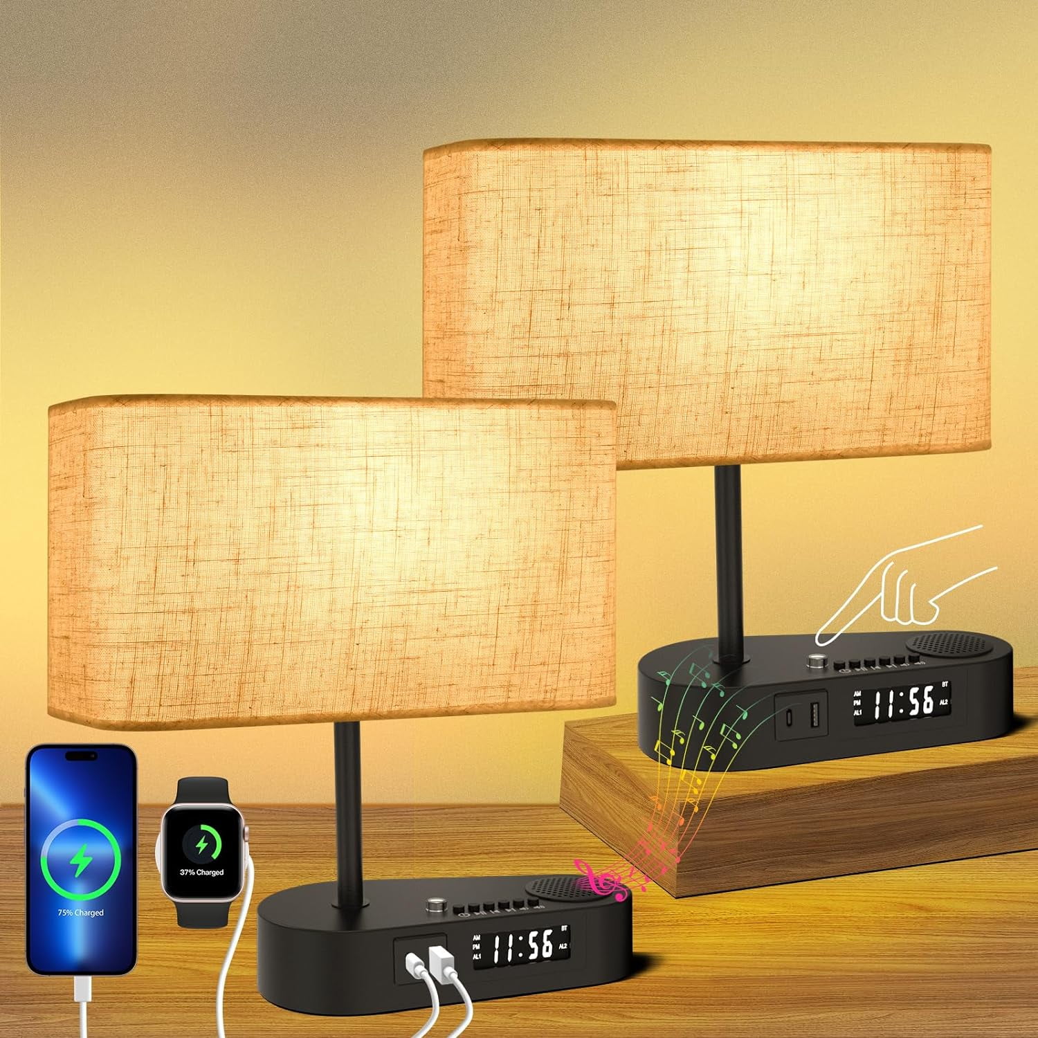 YORI Table lamp Set of 2 with USB A & C Charging Ports, Modern Bedside