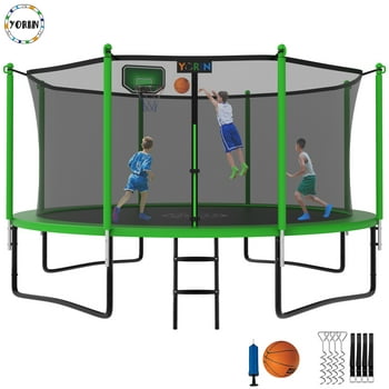 YORIN 1200LBS 12FT 14FT 15FT Trampoline for Kids Adults, Trampoline with Safety Enclosure Net, Basketball Hoop and Ladder, ASTM & Chemical Test Approved Outdoor Heavy-Duty Trampoline