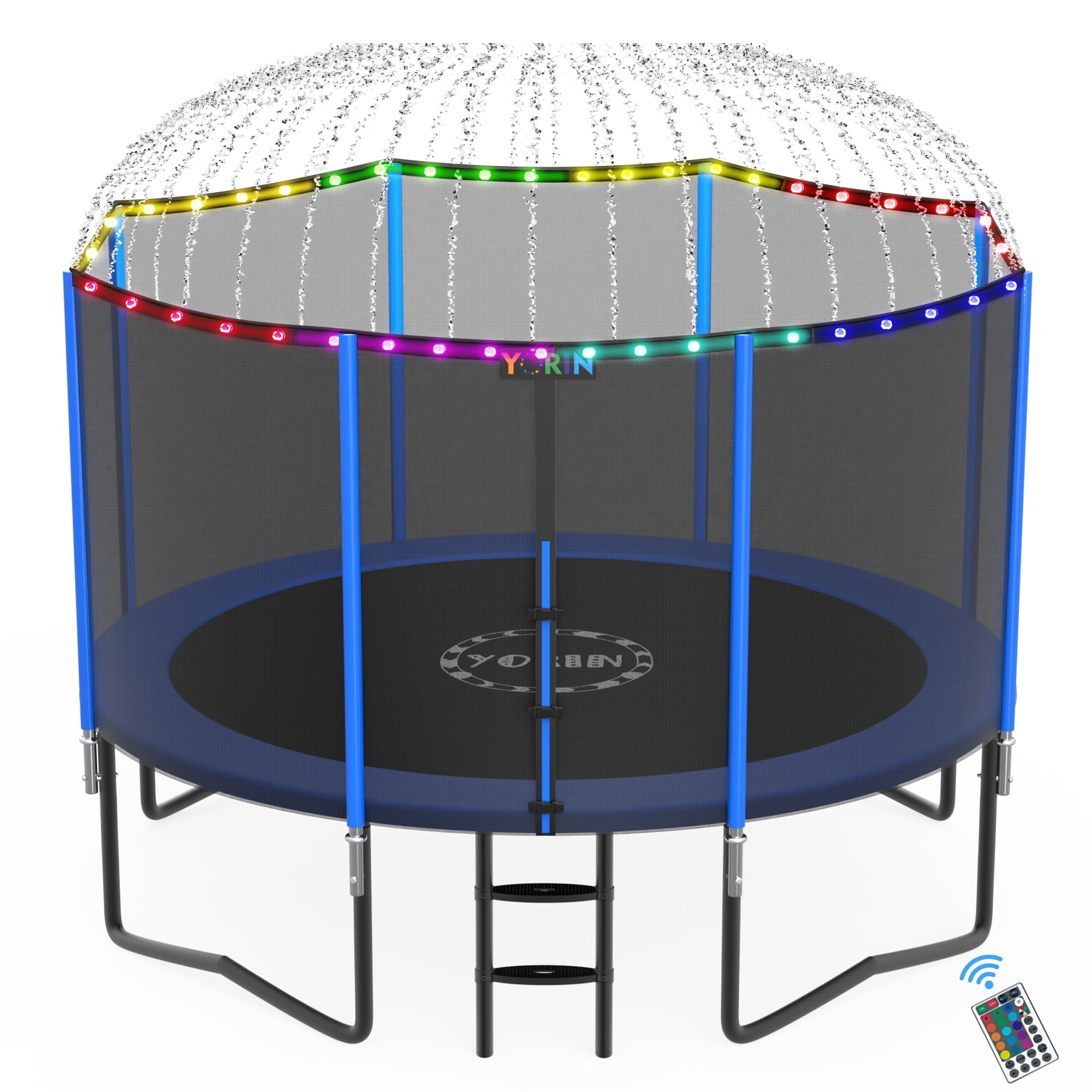 YORIN 12FT 14FT 8FT 10FT Trampoline with Enclusore Net, Sprinkler & LED Lights, 1200LBS Capacity Outdoor Trampoline for 5-6 Kids, Safety Enclosure Net, Ladder, Heavy-Duty Backyard Round Trampoline