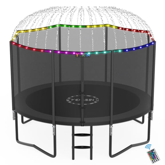 YORIN 12FT 14FT 8FT 10FT Trampoline with Enclusore Net, Sprinkler & LED Lights, 1200LBS Capacity Outdoor Trampoline for 5-6 Kids, Safety Enclosure Net, Ladder, Heavy-Duty Backyard Round Trampoline