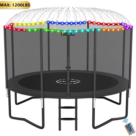 YORIN 12FT 14FT 8FT 10FT Trampoline with Enclusore Net, Sprinkler & LED Lights, 1200LBS Capacity Outdoor Trampoline for 5-6 Kids, Safety Enclosure Net, Ladder, Heavy-Duty Backyard Round Trampoline