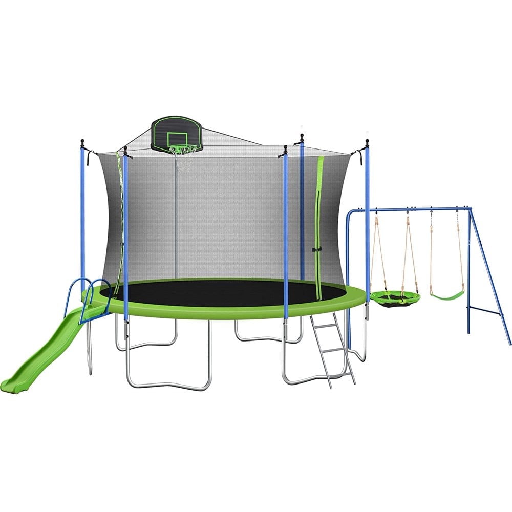  green and blue trampoline set with a black net, basketball hoop, slide, and two swings