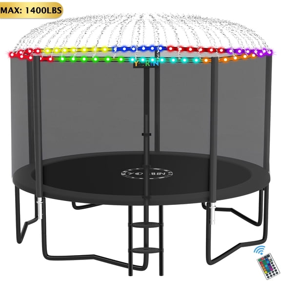 YORIN 14FT 12FT 8FT 10FT Trampoline with Enclusore Net, Sprinkler & LED Lights, 1400LBS Capacity Outdoor Trampoline for 7-8 Kids, Safety Enclosure Net, Ladder, Heavy-Duty Backyard Round Trampoline