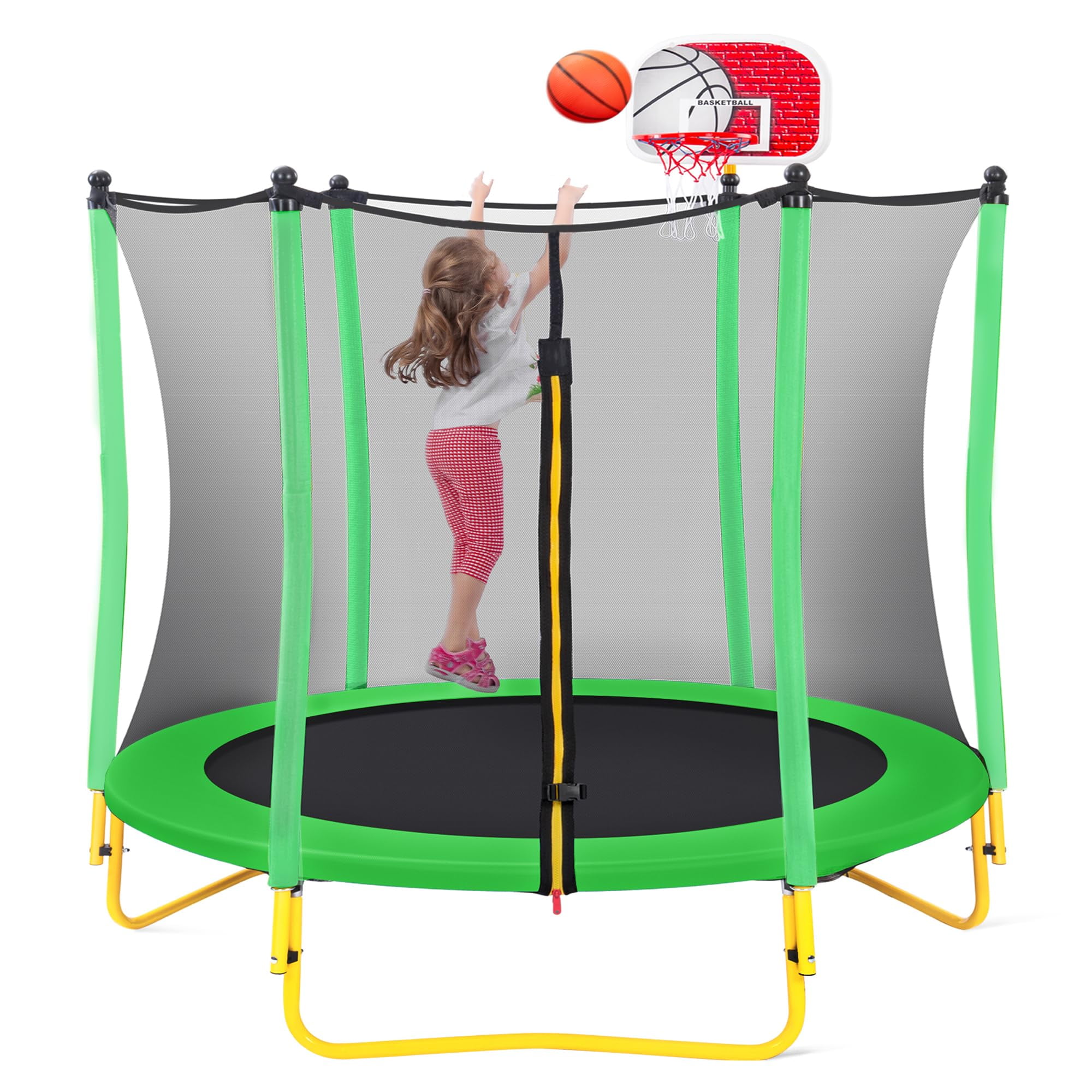 YORIN 66'' Trampoline for 12 Kids with Enclosure Net, Basketball Hoop