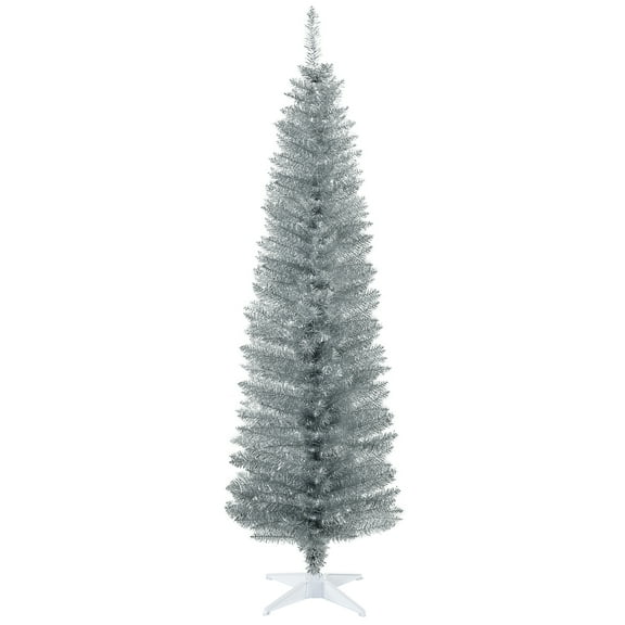 YORIN 6FT Christmas Tree, Artificial Realistic Hinged Slim Pencil Tree with 390 Realistic Branch Tips, Holiday Decoration with Stand for Indoor Outdoor Party, Silver