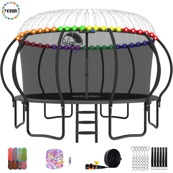 YORIN Trampoline for 10 Kids, 16 FT Trampoline for Adults with Enclosure Net, Basketball Hoop, Ladder, 1500LBS Outdoor Recreational Trampoline, Heavy Duty Trampoline with Light, Sprinkler, Socks