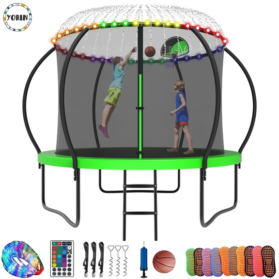 YORIN Trampoline, 10FT Trampoline with Enclosure Net, 1000LBS Trampoline for 3-4 Kids Adults with Basketball Hoop, Ladder, Light, Sprinkler, Socks, Outdoor Heavy Duty Pumpkin Trampoline