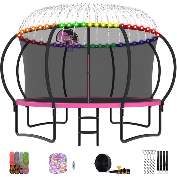 YORIN Trampoline, 12 FT Trampoline for 5-6 Kids Adults with Enclosure Net, Basketball Hoop, Ladder, 1200LBS Outdoor Round Recreational Trampoline, Heavy Duty Trampoline with Light, Sprinkler, Socks