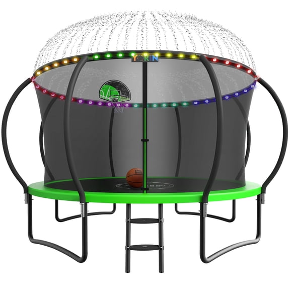 YORIN Trampolines Outdoor with Sprinkler and Lights, 2026 UPGRADED 1200LBS 12FT Trampoline for 5-6 Kids Adults with Enclosure Net, Basketball Hoop, Ladder, Heavy Duty Trampoline, Birthday Gift