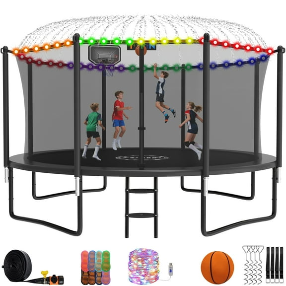 YORIN Trampoline, 1200LBS 12FT 14FT 15FT 16FT Trampoline for 4-5 Kids Adults with Enclosure Net, Basketball Hoop, Ladder, Light, Sprinkler, Socks, Outdoor Heavy Duty Round Trampoline