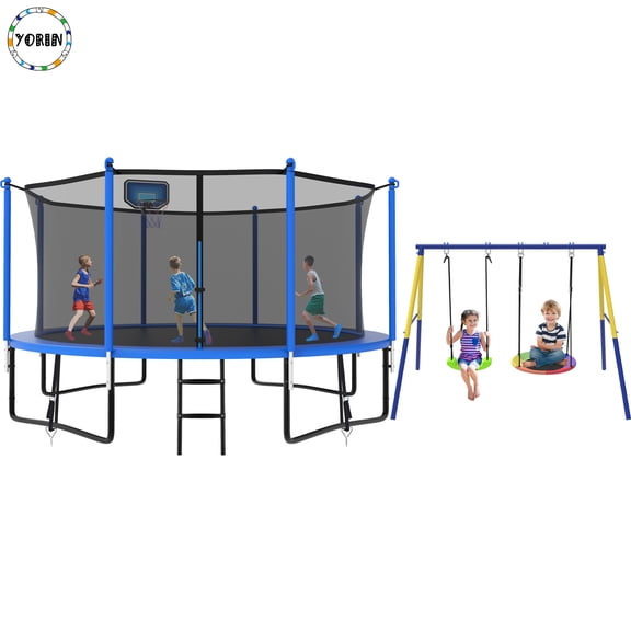 YORIN Trampoline, 1200LBS 12FT Trampoline for 4-5 Adults/ Kids, with Enclosure Net, Metal Swing, Basketball Hoop, Ladder, Galvanized Outdoor Anti-Rust Heavy Duty Round Recreational Trampoline