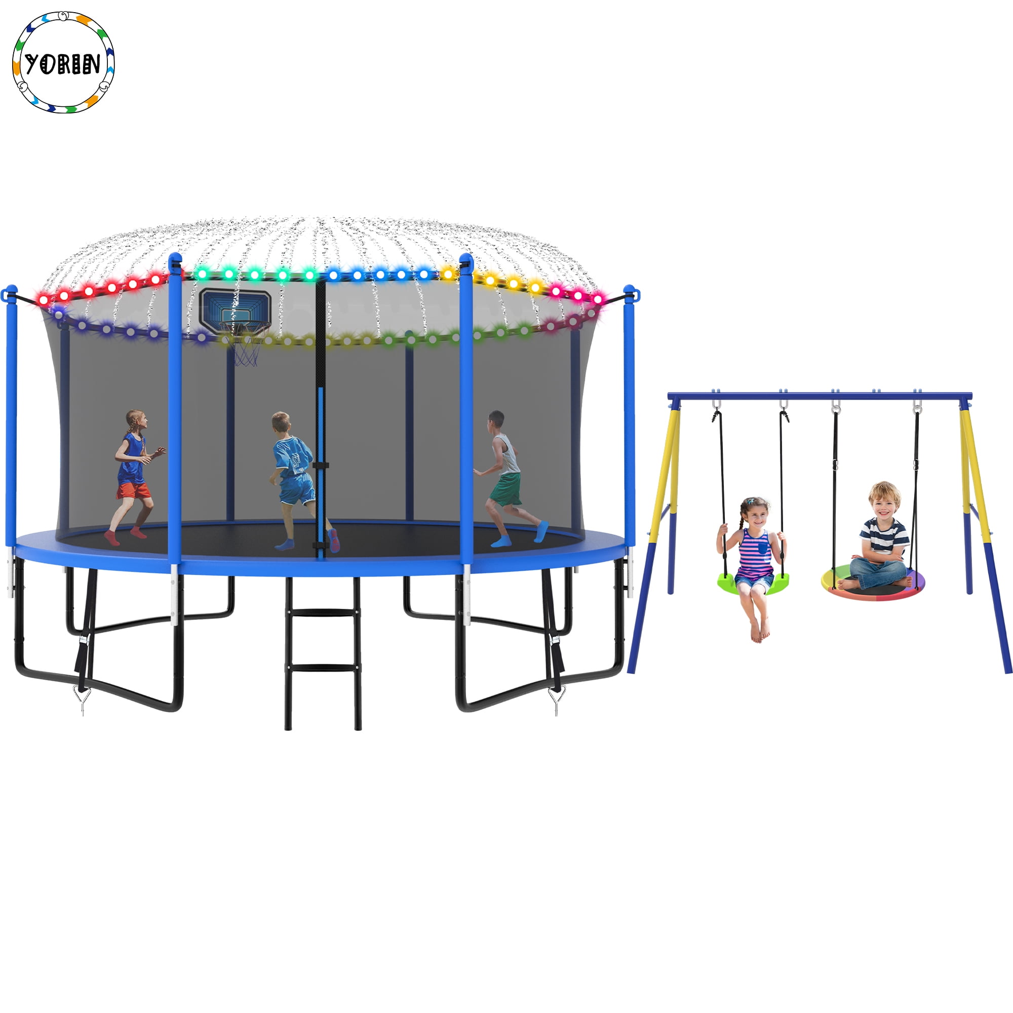 YORIN Trampoline, 1200LBS 12FT Trampoline for 4-5 Adults/ Kids, with Enclosure Net, Metal Swing, Basketball Hoop, Ladder, Light, Sprinkler, Socks, Outdoor Anti-Rust Heavy Duty Round Trampoline